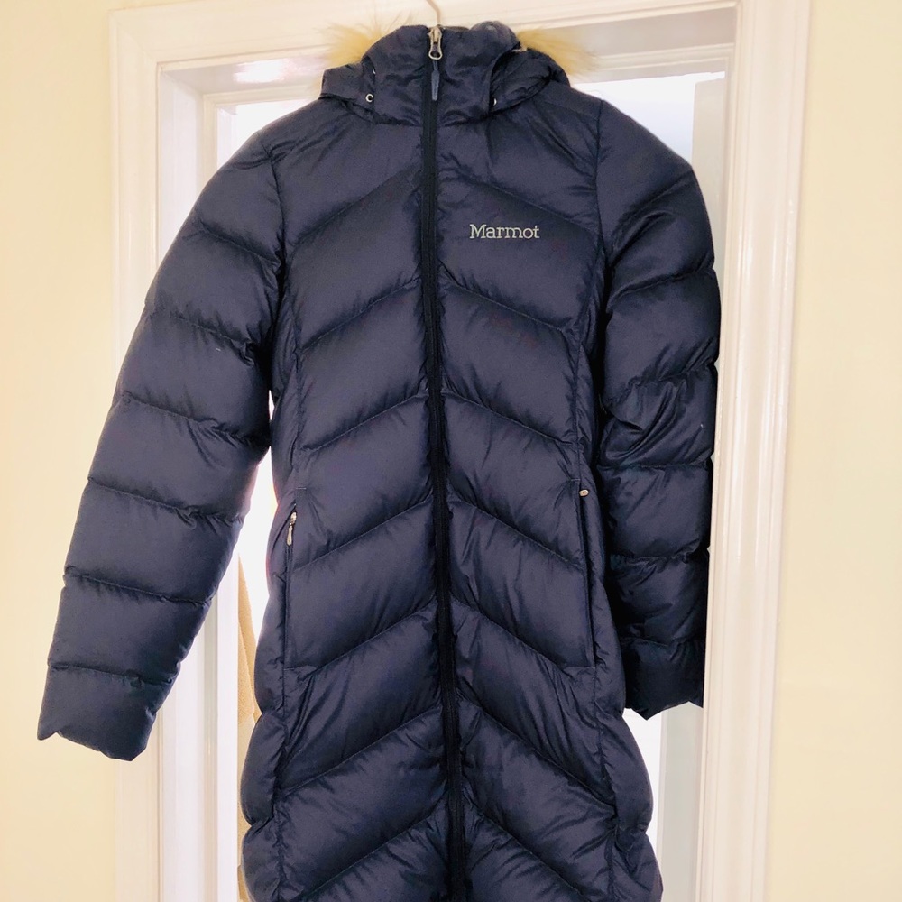 Marmot Down Puffy Long Parka/Coat. Faux Fur Hood